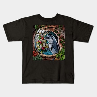 watercolor dolphin with garden and mixed flowers Kids T-Shirt